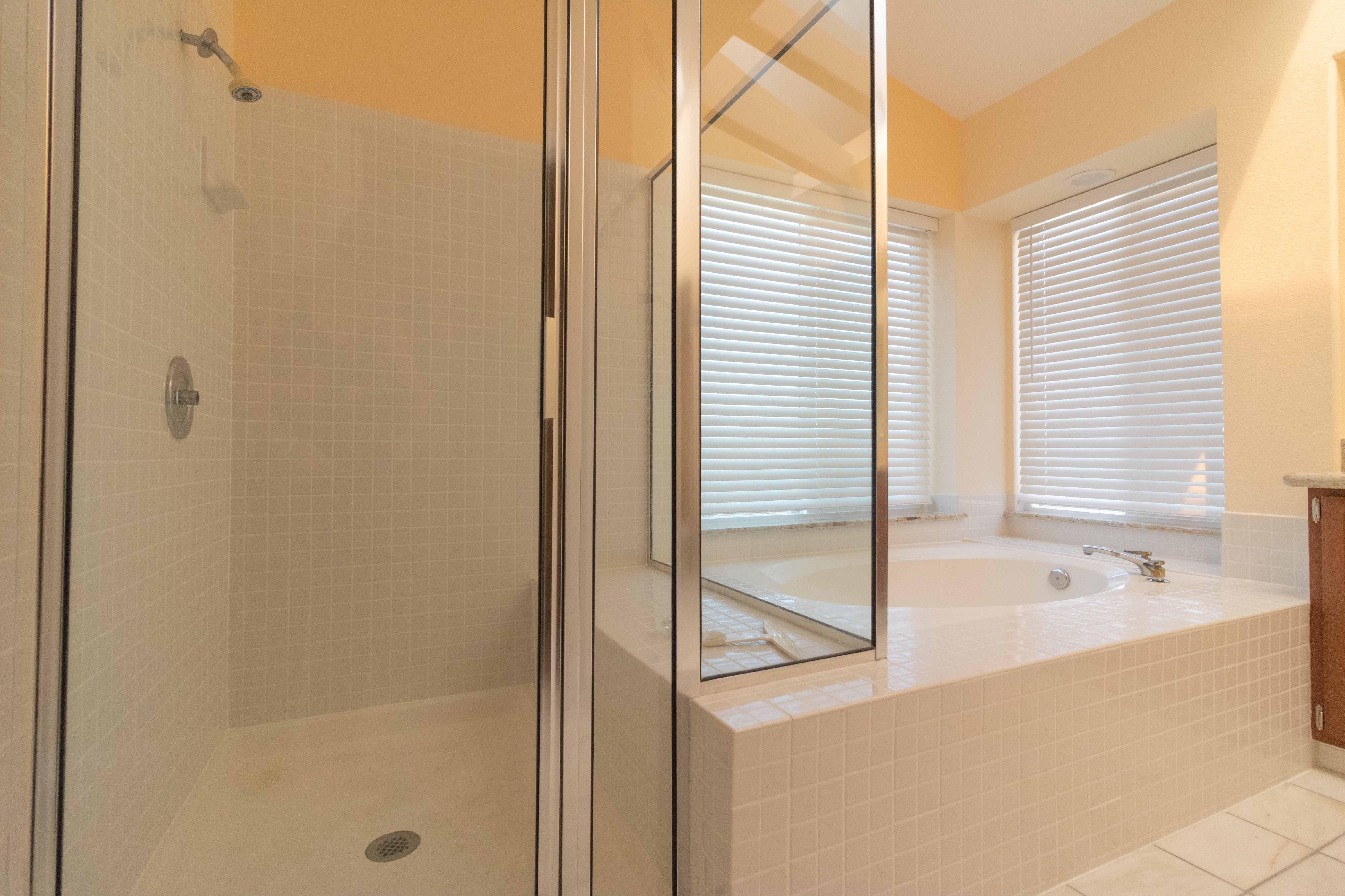 Master bathroom glass shower enclosure and soaking tub close up
