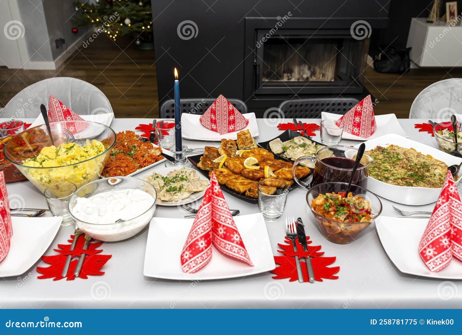 A family-style Polish holiday dinner table spread with traditional dishes